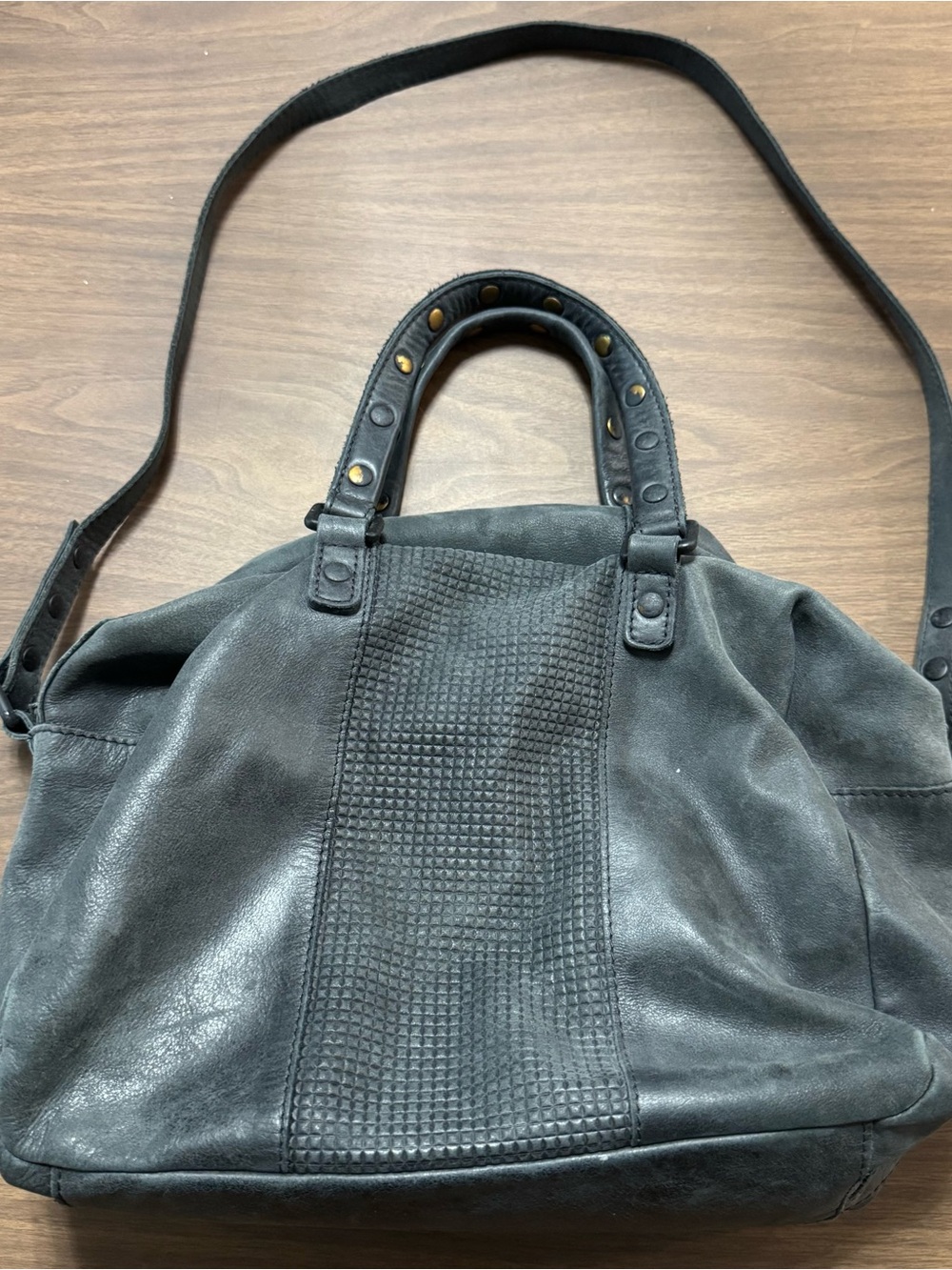 Hammitt Gray Black Leather Shoulder Satchel with Stud-Trim Handles